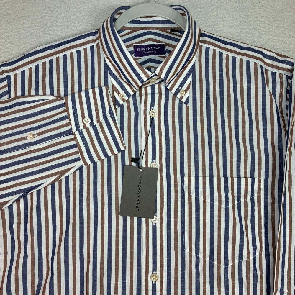 Spier Mackay Contemporary Button Shirt Men 16.5x32 Blue Striped Linen Blend NWT